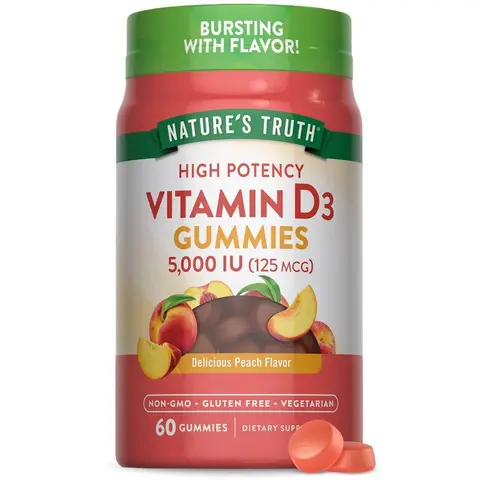 Nature's Truth Vitamin D3 5000 IU (125 mcg) - High Potency - 60 Count - Peach Flavor - Vegetarian, Non-GMO & Gluten Free Supplement