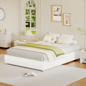 Garvee Full Size Cloud Bed Frame，Corduroy Low Bed Frame Without Headboard, Thick Fabric Upholstered Platform Bed, Solid Wood Legs, No Box Spring Needed, Never Squeak, Easy Assembly, White