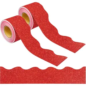 131 Ft Red Glitter Bulletin Board Borders Red Scalloped Bulletin Board Trims Shiny Decorative Border Trims Sparkle Self-Adhesive Border Stickers for Classroom, School, Home, Office, Blackboard, Desk