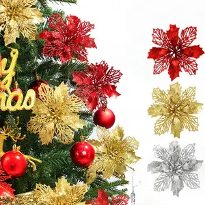 16 PCS Red Glitter Poinsettia Flowers Christmas Tree Ornaments Fake Christmas Flowers Artificial Christmas Flowers Decorations Wedding Xmas Tree New Year Ornaments Wreath Decoration(Red Gold, silver)Christmas flower glitter