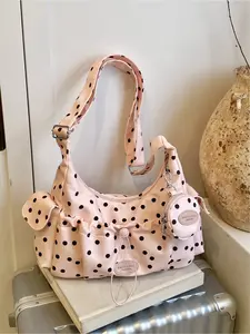 Dot printed drawstring commuting shoulder bag | Dot fabric+wide shoulder strap+drawstring closure, paired with a detachable coin purse, can hold computers, books, daily necessities, versatile and practical for daily commuting of workers and students