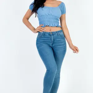 Casual Ruched Puff Sleeve Ribbed Knit Solid Crop Top in 8 Colors for Women's Fashion