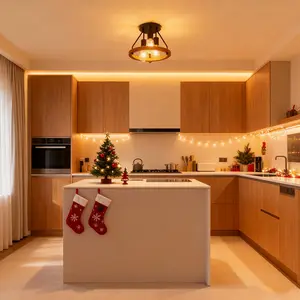 3 Light Modern Farmhouse Industrial Ceiling Light Fixture Semi Recessed Easy Installation and Adjustable Height Oubbed Metal and Wood Decorative Finish Bulbs Not Included Suitable for Kitchens Bedrooms Holiday Home Decoration Lighting tiktokshopspring
