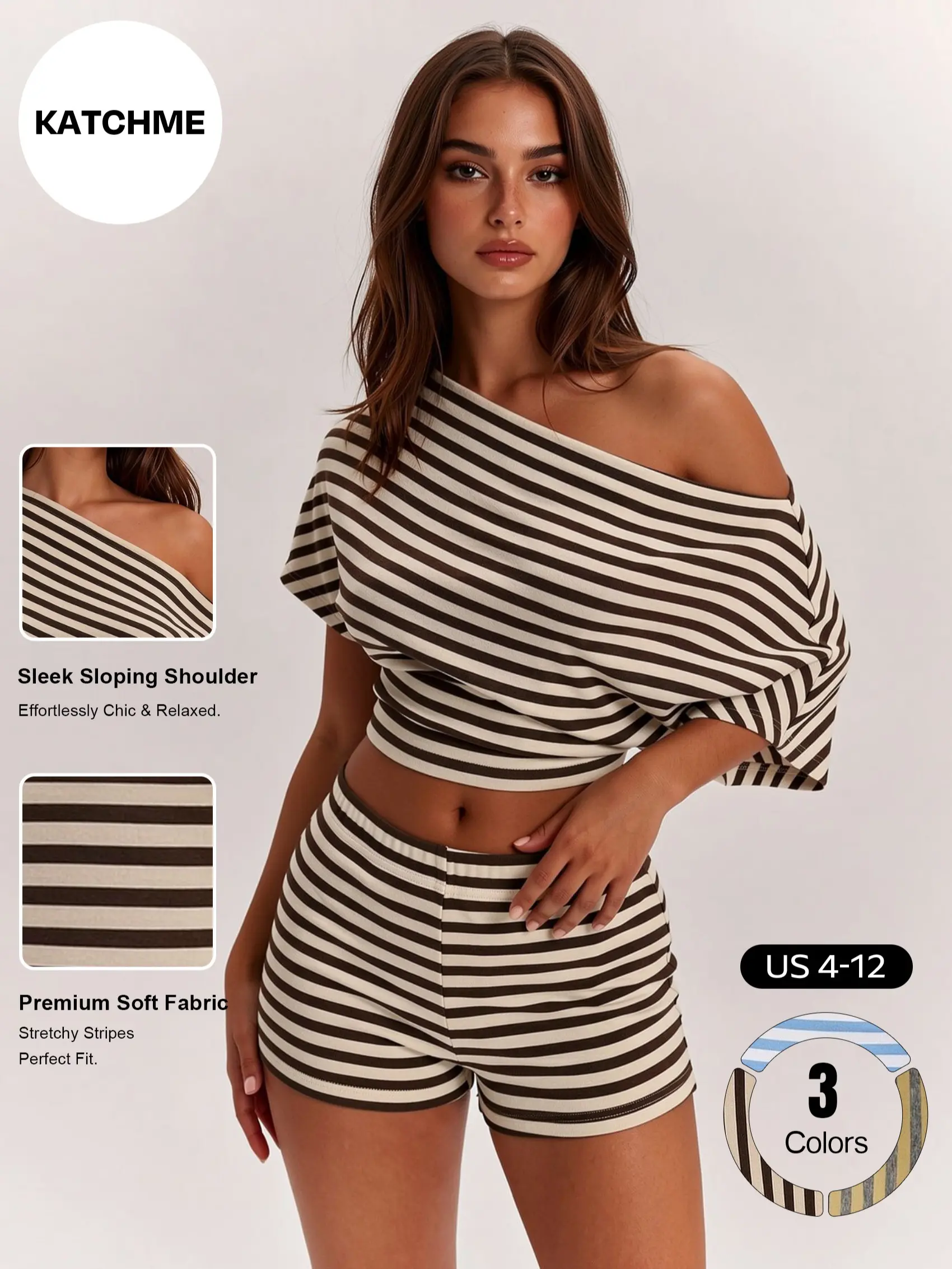 Katch Me Chic Women's Striped Sloping Shoulder Crop Top & Hip-Lifting Shorts Co-ord, Breathable Moisture-Wicking, Figure Flattering 2-Piece Set, Soft Cinched Waist Daily Outfit #TikTokMadeMeBuyIt #SummerEssentials #MatchingSet