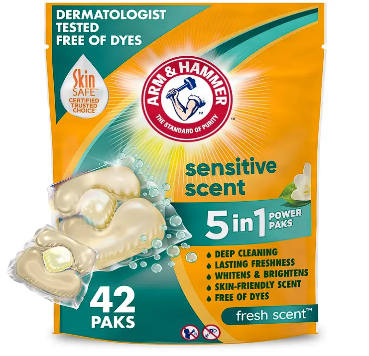 ARM & HAMMER Sensitive Skin Laundry Detergent with Hypoallergenic Fresh Scent, 5-IN-1 Power Paks, 42 Ct