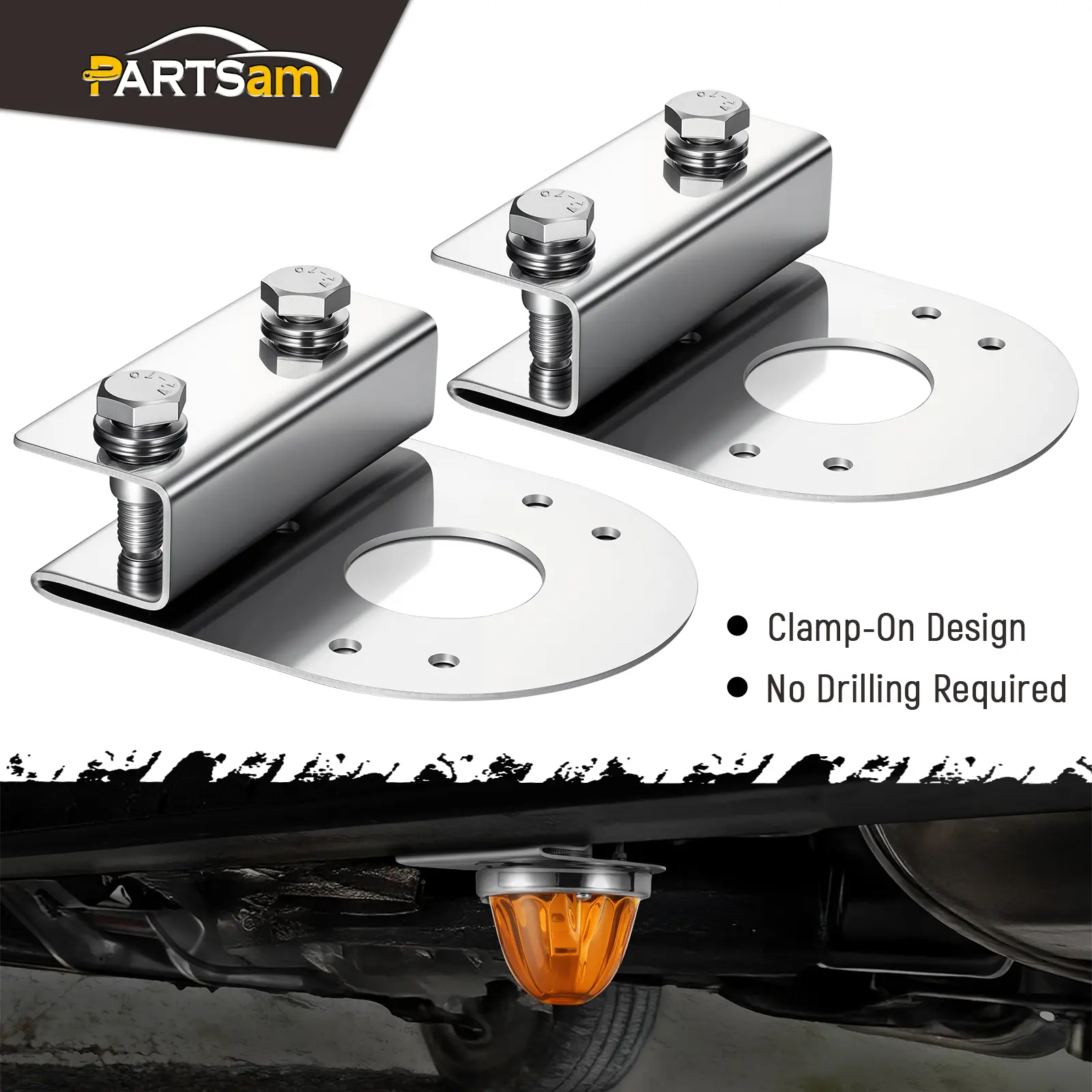 Partsam 2Pcs Long-Term Durable Stainless Steel Watermelon Lighting Brackets - Clamp-On, No Drilling Setup, Marker/Turns Under Glow Frame Truck Accessories for Semi-Trucks, Pickups