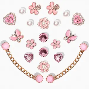Women's Rhinestone Glitter Beads Shoe Decoration Charms - 20pcs Bling Plastic Butterfly Flower Pearl DIY Shoe Accessories, Pink Rhinestone Butterfly Party Favors, Shoe Decoration Charms Pink Rhinestone Butterfly