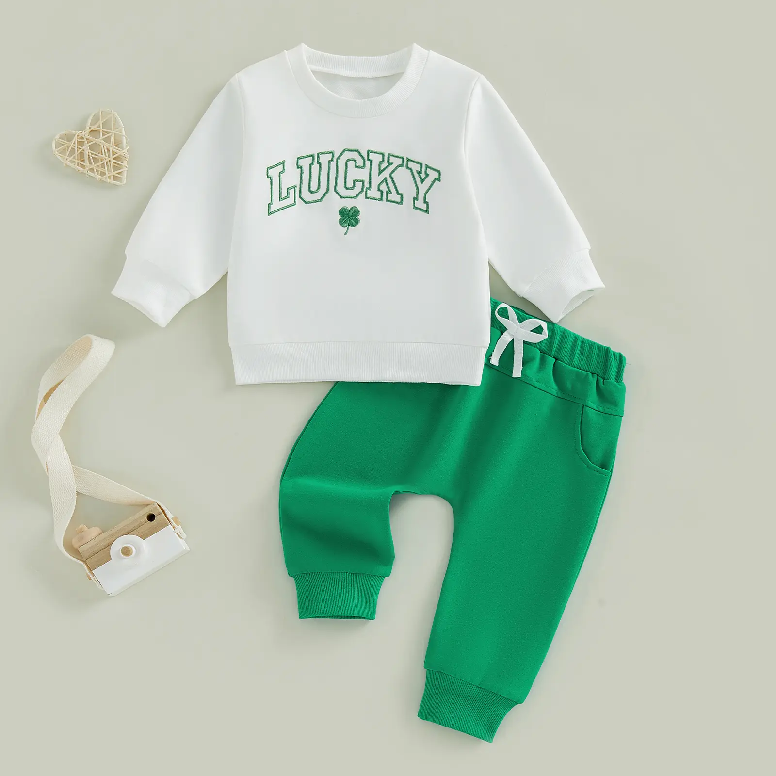Babamoon Baby Boy Clothes 2-Piece Casual Set - Long-Sleeve O-Neck Lucky Clover Embroidery Sweatshirt & Drawstring Pants for Toddlers (Irish Day Outfit)
