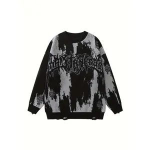 Women's Colorblock & Letter Print Ripped Round Neck Sweater, Casual Drop Shoulder Long Sleeve Jumper, Ladies Knitwear for Fall & Winter Daily Wear