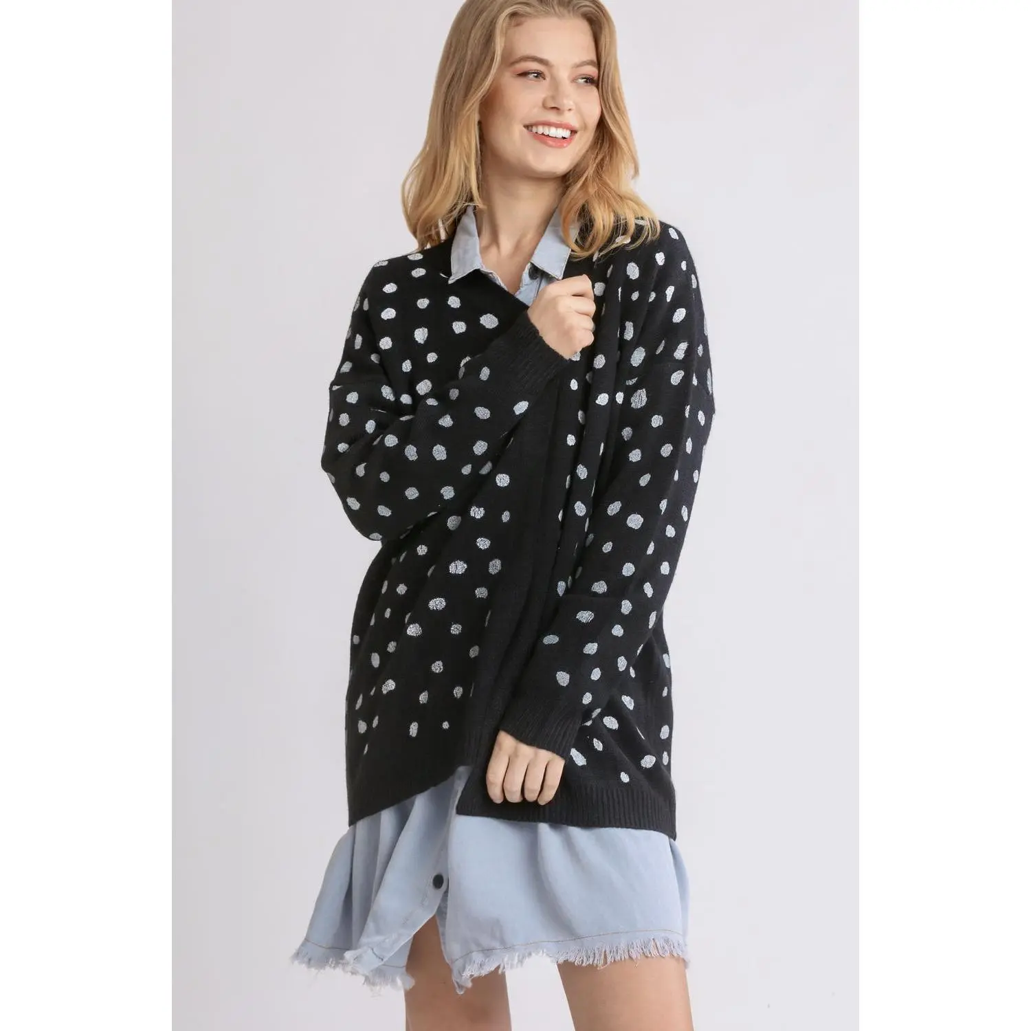 Umgee Polka Dot Open Front Drop Shoulder Cardigan