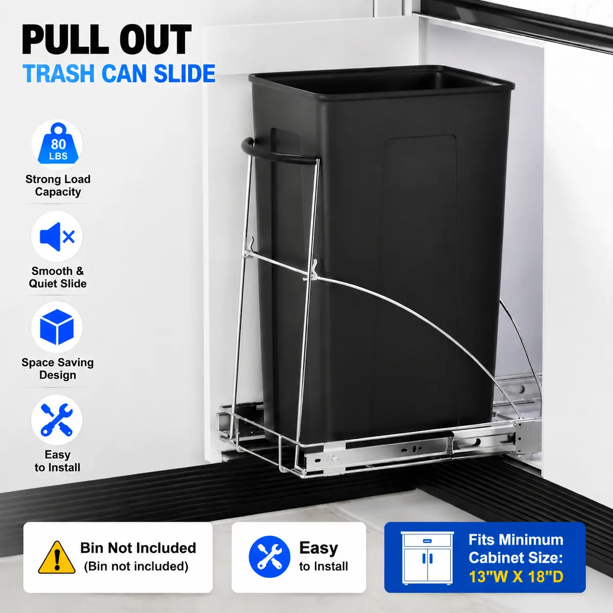 Insputer Pull Out Trash Can Slide Kit with Silicone Grip,  Smooth Carbon Steel Durable Under-Cabinet/Pantry Solution, Fits 13" W x 18" D Under-Sink Cabinets, 35L Capacity Compatible (Bin Not Included), Rust Proof