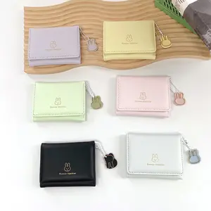 2026 Korean Style Cute Bunny Tri-fold Wallet for Women Compact Pocketbook in Pastel Colors with Bunny Charm