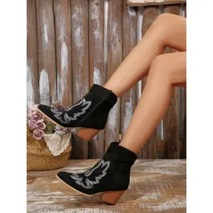 Women's Fashion Punk Embroidered Short Western Boots, Unique Design Casual Shoes, Modern Style Trendy Footwear