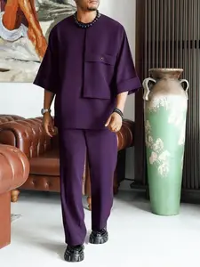 Two-piece Set Men's Solid Color Button Decor Shirt & Pants,  Casual   Top & Trousers for Daily Wear, Men's Two-piece Outfits for Summer Suits