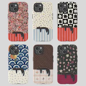 Cute Sleeping Cat Pattern Tough Phone Case, Lazy Cat Phone Cover, Protective Cover with Floral & Striped Aesthetic Design, stripes line, gift for him, gift for her