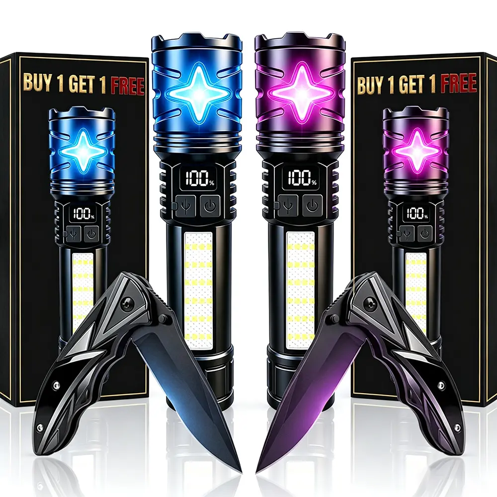 Unisex Duo Rechargeable Super Bright Flashlight & High-Quality Compact Pocket Knife Utility Tool, 2/4pcs Pocket-Sized for Outdoor Camping, Hiking