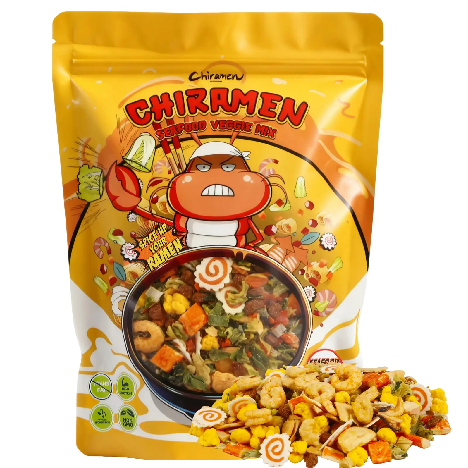 CHIRAMEN Seafood Veggie Mix Dried Ramen Toppings, Shrimp, Fishcake, Imitation Crab, Squid, Plant-Based Beef, Eggs, Cabbage, Shallot, Carrot, Perfect for Cup Ramen Noodles