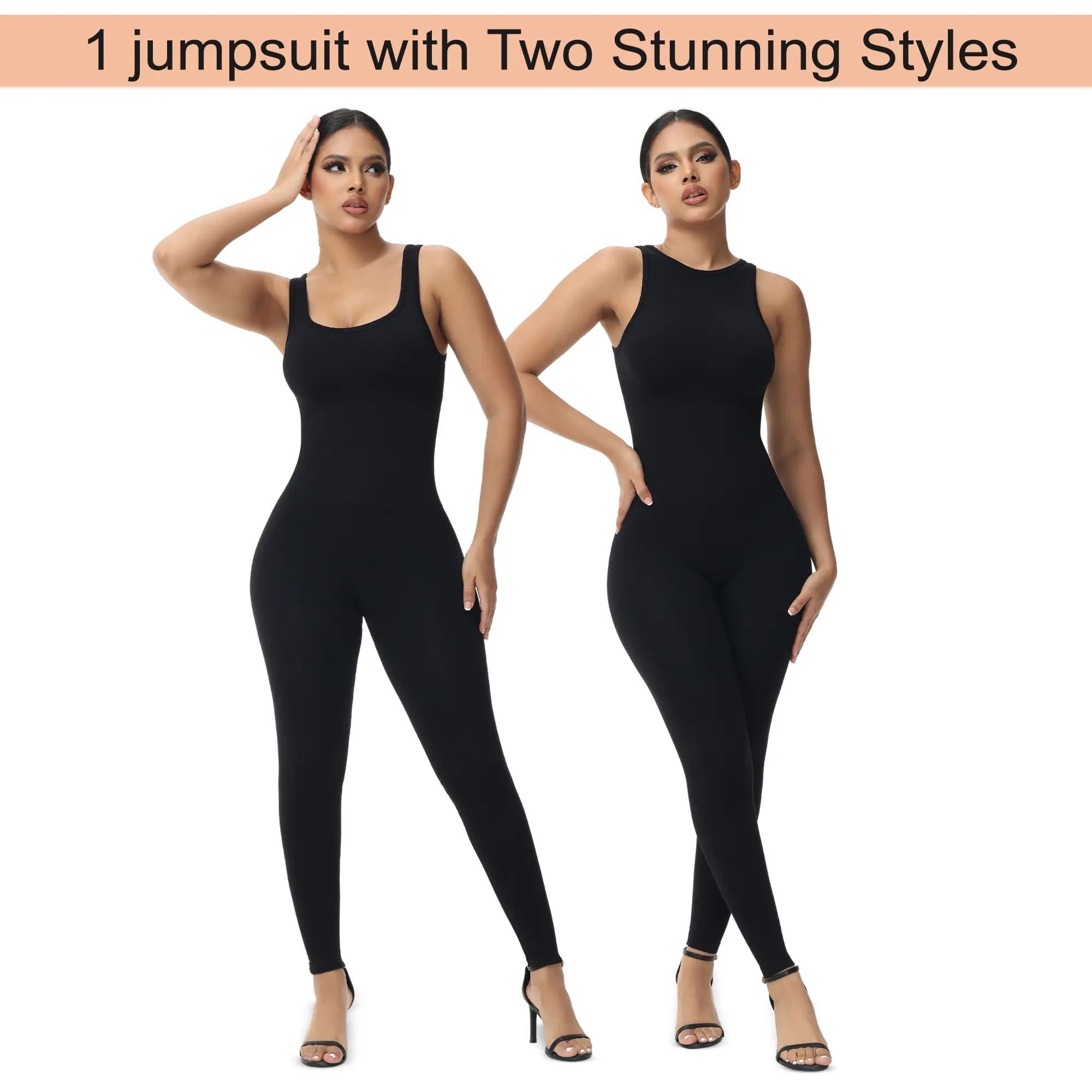 Soo Slick Fall Jumpsuit for Women (1 Pc) – Reversible High & Square Neck, Sleeveless Bodycon One-Piece, Casual Women’s Wear, Fall Fashion Outfit, Dress Overalls Black Spandex