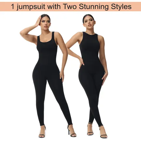 Soo Slick Women's Black Sleeveless Sports Jumpsuit - High-Square Reversible Neck, Spandex-Nylon Fabric, Slim-Fitting 1-Pc Style, Hand Wash Only, Casual Fall Outdoor Outfit