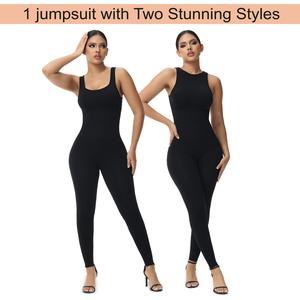 Soo Slick Fall Jumpsuit for Women (1 Pc) – Reversible High & Square Neck, Sleeveless Bodycon One-Piece, Casual Women’s Wear, Fall Fashion Outfit, Dress Overalls Black Spandex
