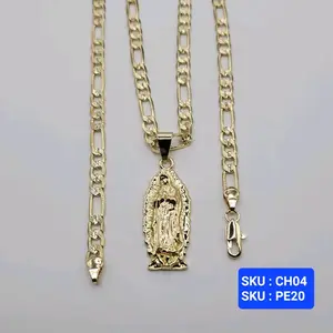 Virgin Guadalupe Pendant Chain Figaro style diamont-cut 24 Inches 5 Millimeters Laminated Gold Jewelry.