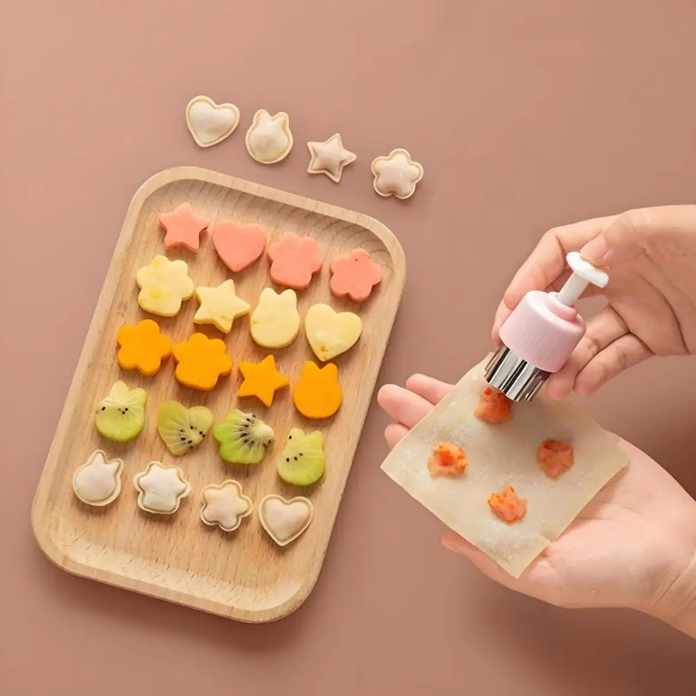 Fruit and Vegetable Cutter Stamp Set 8 Pieces - Love Heart, Star, Flower, Rabbit, Bear, Strawberry, Lace, Mushroom Shapes - Green Mini Pie Cookie Biscuit Mold for Baking