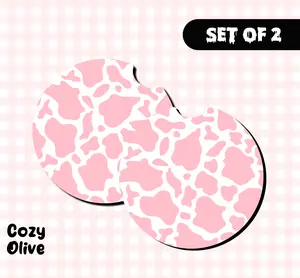 Pink Cow Print Car Coasters (Set of 2)
