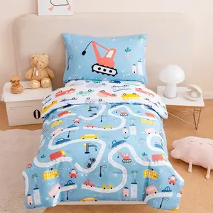4-Piece Toddler Bedding Set Boys Cars Toddler Comforter with Sheets Reversible Lightweight Blue Vehicles Toddler Bed Set for Crib(Blue, Cars)