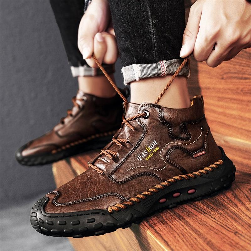 Men's Casual Sneakers, Retro Hand-Stitched High-Top Shoes, Leather Ankle Boots, Comfortable Walking Shoes with Round Toe, Flat Heel and Rubber Outsole for Outdoor Hiking, Urban Commuting, Work, Travel and Everyday Wear