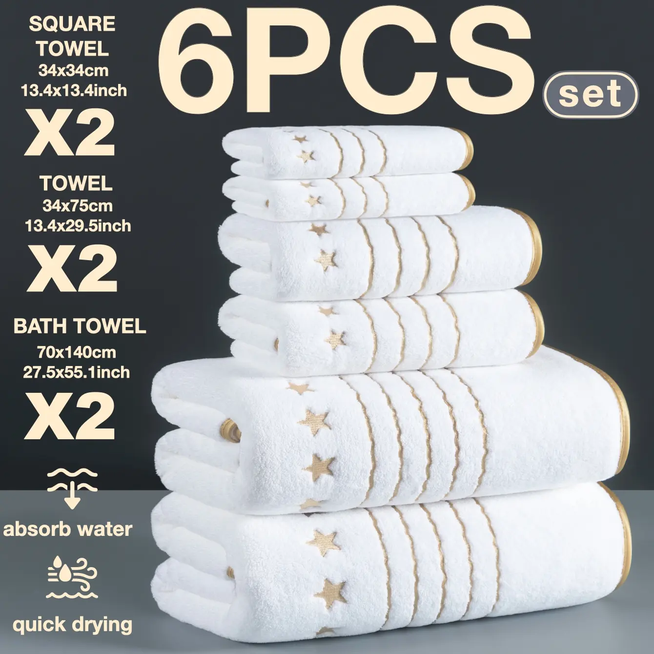 6-Piece Gold Thread Embroidered Bath Set, Premium Towel Set, Includes 2 Bath Towels + 2 Hand Towels + 2 Soap Sponges, Quick-Dry Super Absorbent