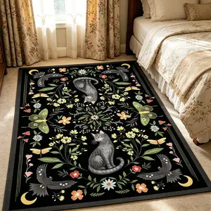 Vintage Base Cat Butterfly Floral Print Rug, Large Area Living Room Bedroom Carpet, Foldable, Non-Slip, Luxury Home Decor, Floral Pattern Rug, Floral Rugs