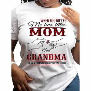 Women'S Funny Grandma & Mom Quote T-Shirt - "When God Gave Me Two Titles" Heartwarming Gift, Soft Round Neck Short Sleeve Casual Casual Attire, White with Red & Black Lettering, Funny Grandma Saying for Mother'S Day, Birthday
