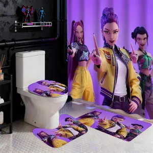 1/4 Pcs cartoon figure KPOP pattern Print bathroom set with shower curtain and carpet,  bathroom shower curtain set with 12 hooks, including bath mat and U-shaped floor mat, toilet seat oval rug to add a stylish touch to your home decor Shower Essentials