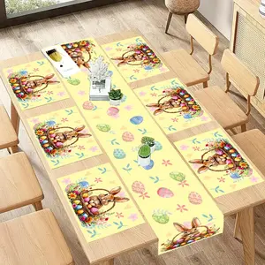Elegant Table Runner & Placemat Set, Easter Egg Design, Bunny Pattern, Cute Rabbit Print, Includes 6 Placemats, 1 Table Runner, Indoor Outdoor Use
