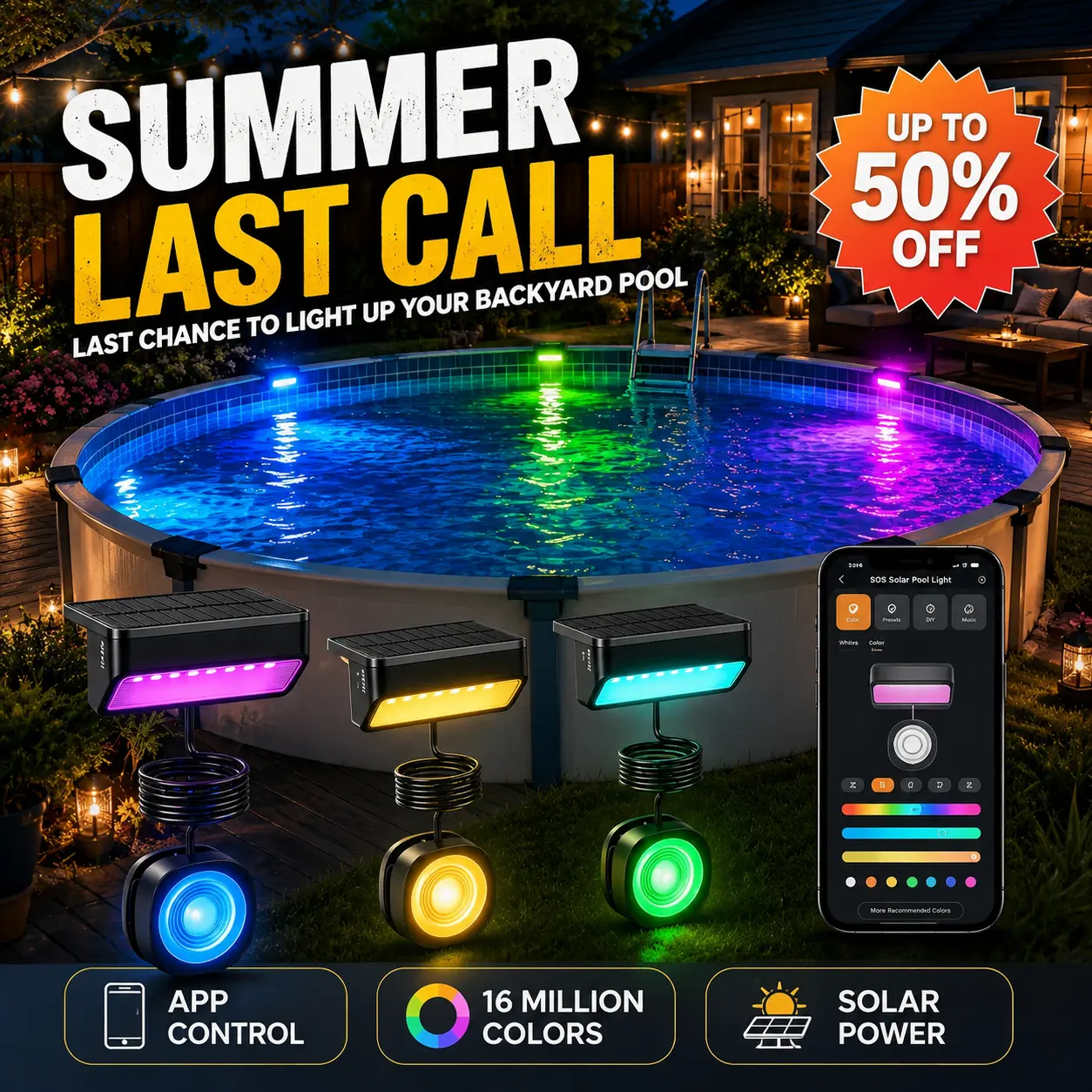 [SUMMER FINAL SALES] Linkind Solar Pool Lights with RGBW APP Control,IP68 Waterproof LED Light for Above Ground Pool,Poolside Smart Pool Light,Smart Solar Pool Lights Inground for Garden, Pond, Patio
