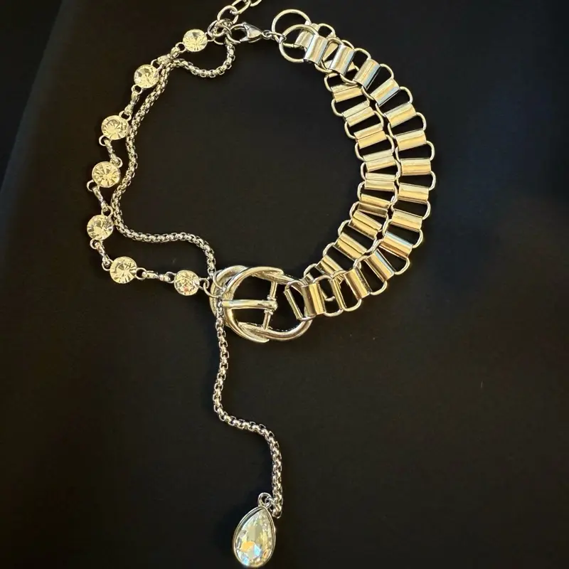 Glam Crystal Drop Choker Necklace with Teardrop Pendant and Chain Detailing