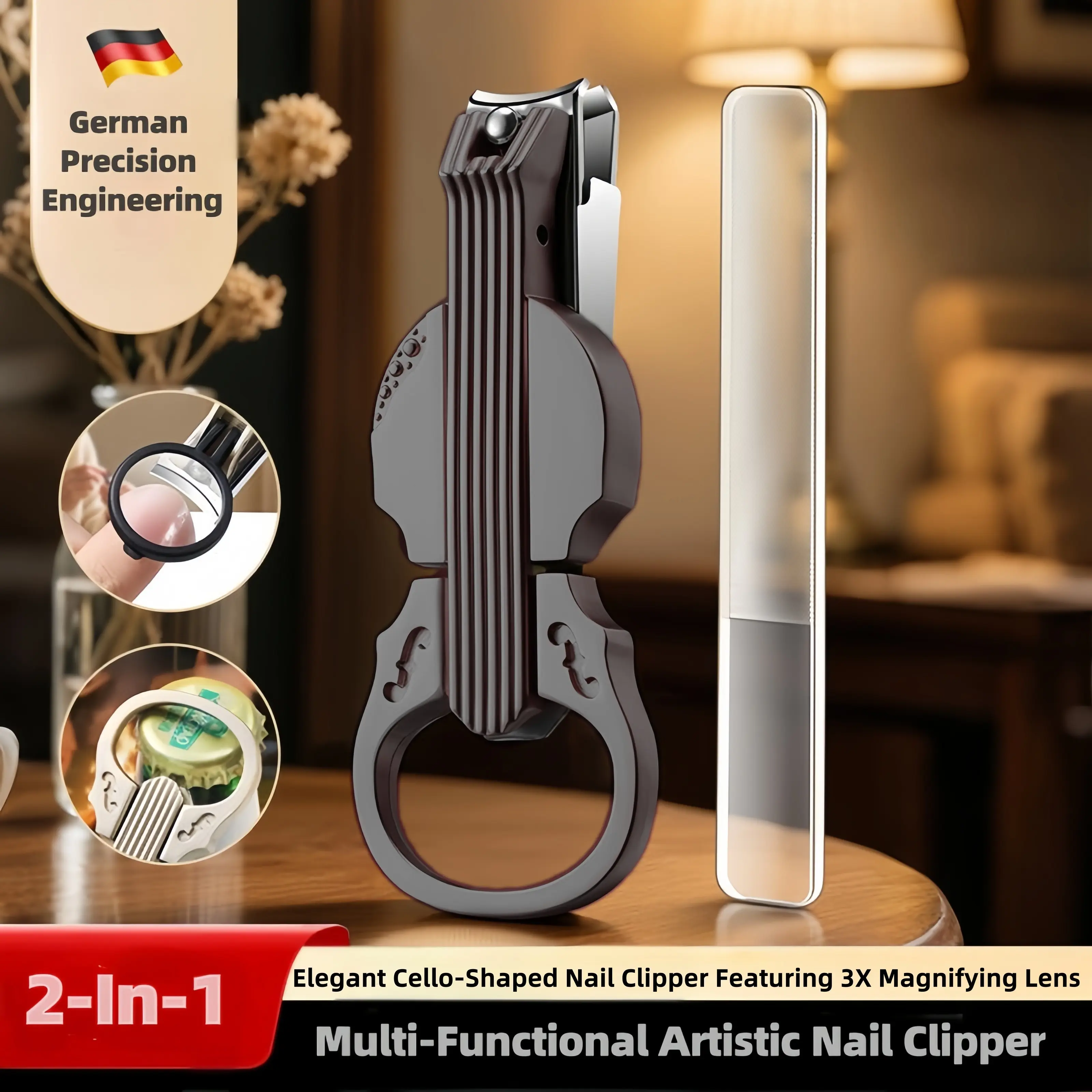 2  piece nail clippers Unisex Cello Nail Clipper Set w/3X Magnifier & Catcher - Heavy Duty Anti-Splash Toenail & Fingernail Clippers + Nano Glass File - Gift for Adults, Travel, Family