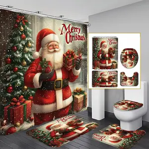 1/3/4PCS Santa Claus Christmas Gift Shower Curtain Set, 71x71 Inches, Includes Background Pattern, Comes with 12 Hooks, Perfect Holiday Decor