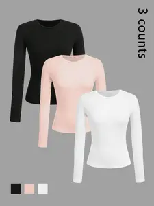 3-Pack Slim-Fit Long-Sleeve Tees | Black/Pink/White Basic, Casual Tops – TikTok Viral Layering Essentials! Soft Stretchy Fabric, Crew Neck, Versatile for #OOTD Perfect for Everyday Wear, Under Jackets or Alone. Wardrobe Staples