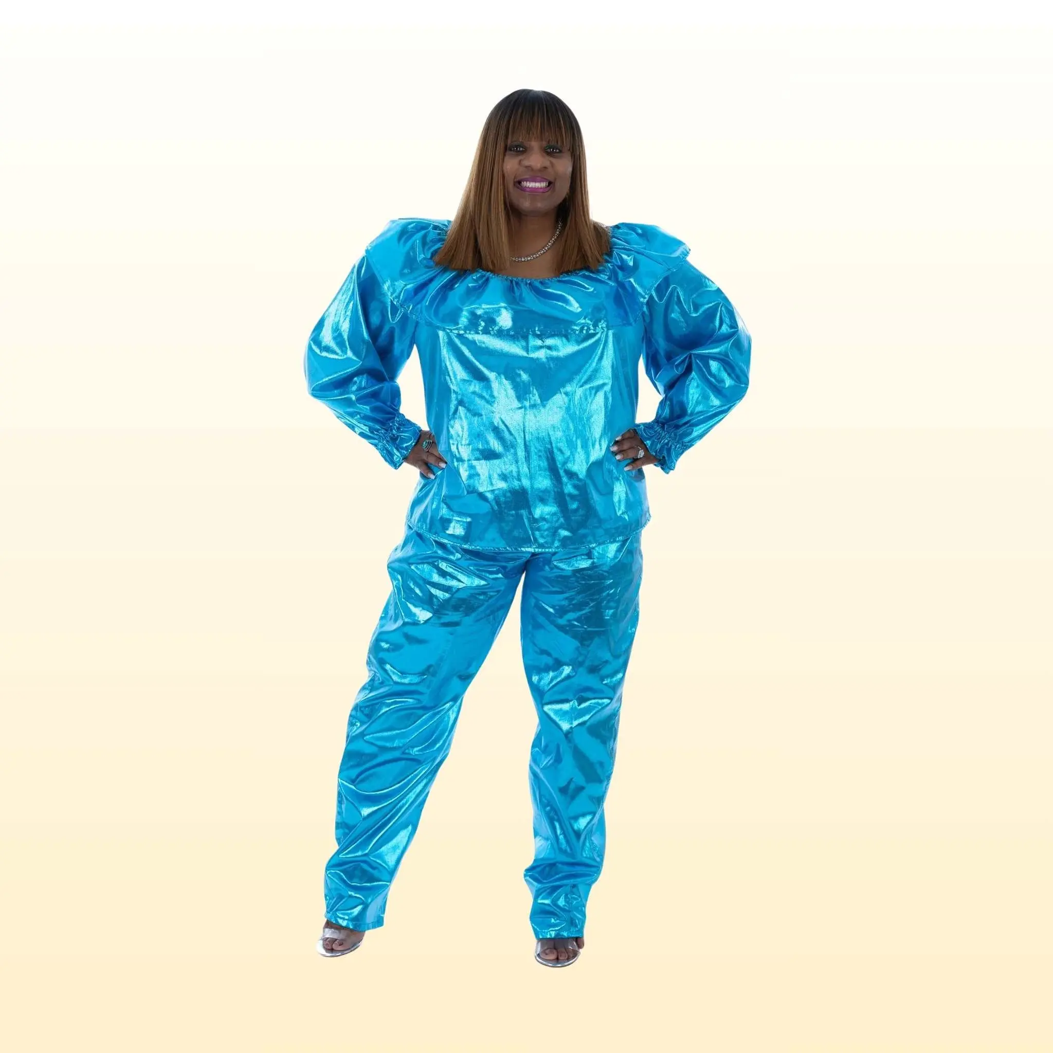 Metallic Green Top & Pants outfits Shiny Sparkle Elastic Waist Holographic Pants
