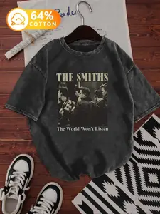 Women's Vintage Washed Cotton T-Shirt, the Smiths Band Print, Casual Fitted Round Neck Top, Womenswear, Comfortable Breathable Summer Wear