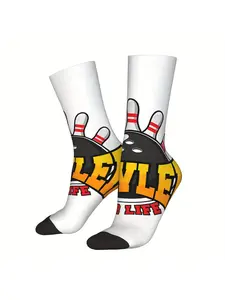 Bowling Life Socks - Full-Body Printed Polyester, Red & Black Design with "Bowling Life" Text, Comfortable & Stylish for Men, Bowling Accessories