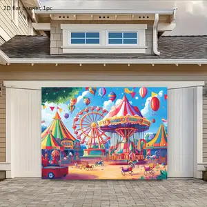 2D flat banner, 1 piece. Theme background fabric for carnival circus Ferris wheel carousel with cartoon style, lively outdoor venue design, equipped with hot air balloons, suitable for birthdays, baby baptisms, kdj