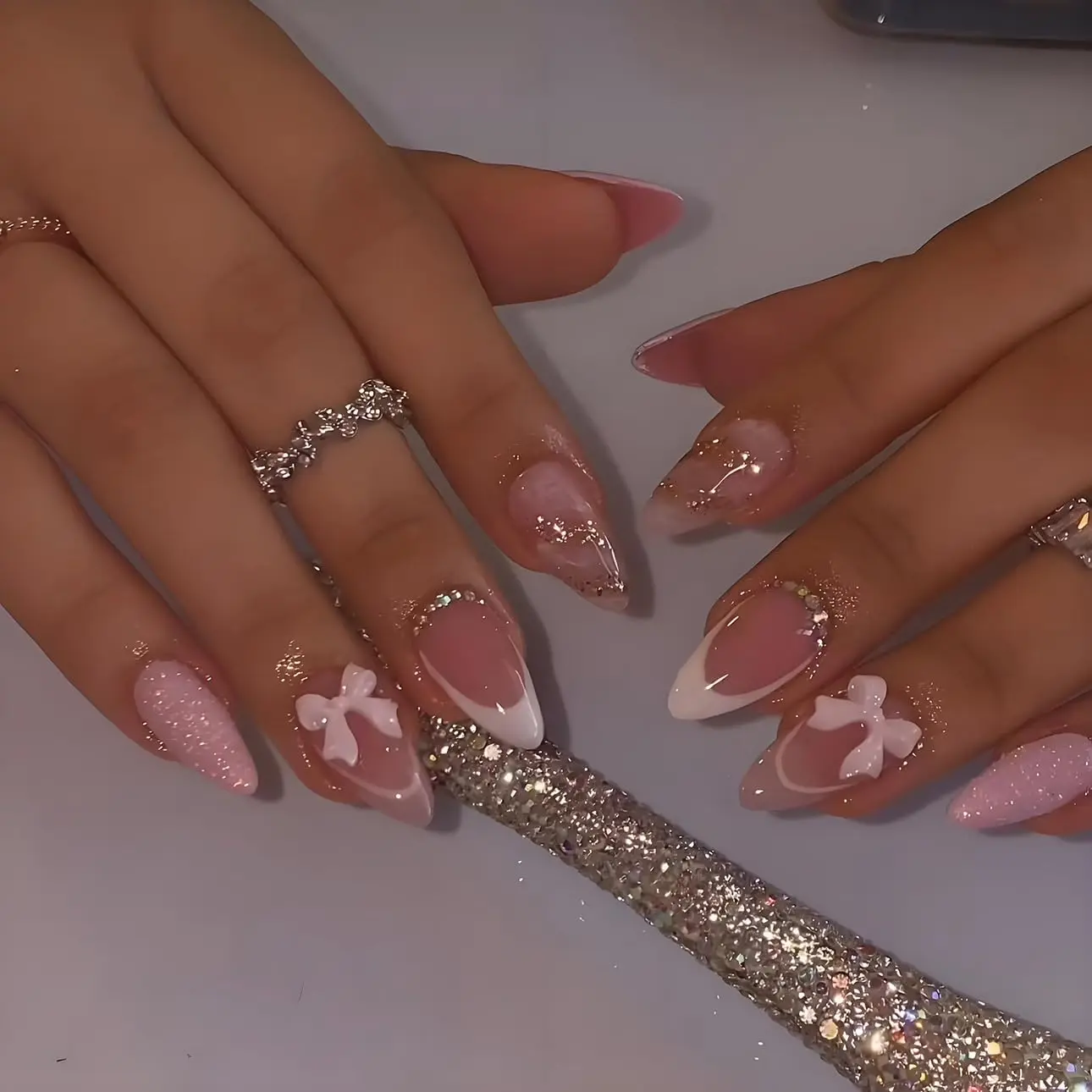 Almond French Tip Press on Nails - Medium Pink Fake Nails with 3D Bow Diamond Glitter Designs, Glossy Finished Reusable False Nails with Glue Tabs - 24Pcs Nail Kit for Women Manicure