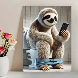 1pc Unframed Wall Art - Whimsical Sloth on Toilet Using Smartphone, Modern Humorous Animal Poster,Inch Vertical Contemporary Decor for Living Room, Bedroom, Bathroom, Office - Perfect Gift Idea Y