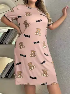 Plus Size Women's Cartoon Bear Letter Print Casual Short Sleeve Nightgown, Nighty Dress, Ultra Comfortable Skin-Friendly Loungewear