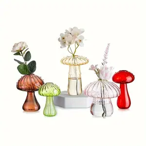Glass Mushroom Vase for Flowers, Set of 5 Mushroom Vases, Small Plant Propagation Terrariums, Unique Crystal Mushroom Jars, Clear Small Bud Flower Vases, Small Bud Glass Vases for Home Decor, Mini Mushroom Propagation Vases for Home Office Decorations