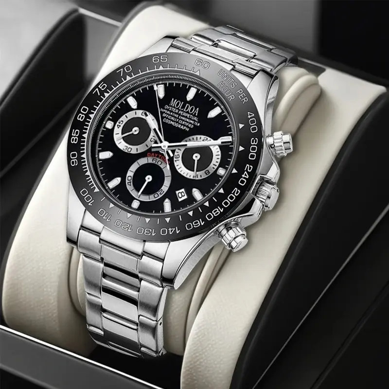 A Men's Silver Steel Strap Trendy Business Trinocular Multi-Function Graduated Quartz Watch