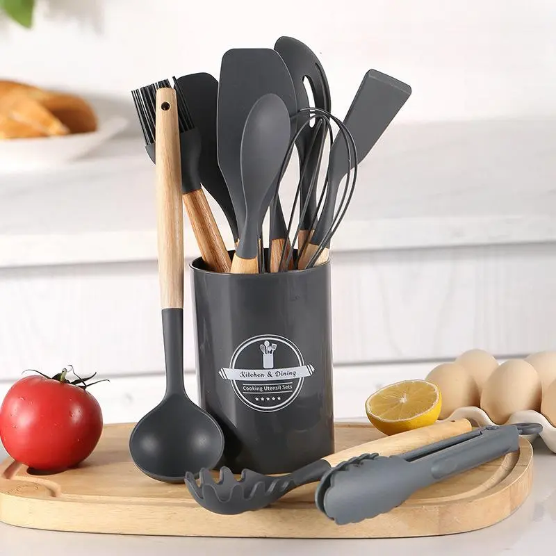 Silicone Cooking Utensils Set with Storage Bucket, 12pcs/set Wooden Handle Non-stick Cookware Set, Kitchen Cooking Utensils Set for Home Use, Kitchen Cooking Accessories, Silicone Spatula Set