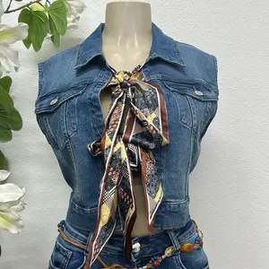 Denim Jacket with Silk Bow Closure